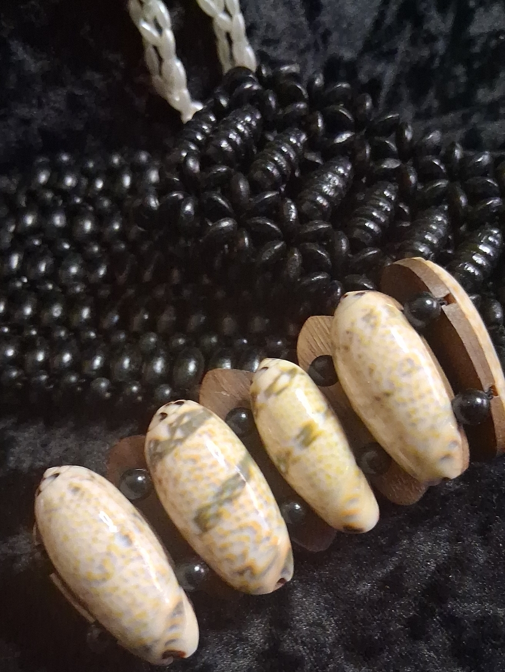 Handcrafted Shell & Bead Statement Necklace in Black and Cream All 3